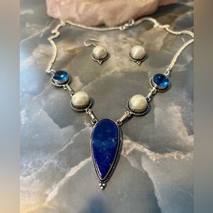 Handmade Lapislázuli Pearl Blue Topaz Jewelry Set On 925 Sterling Silver